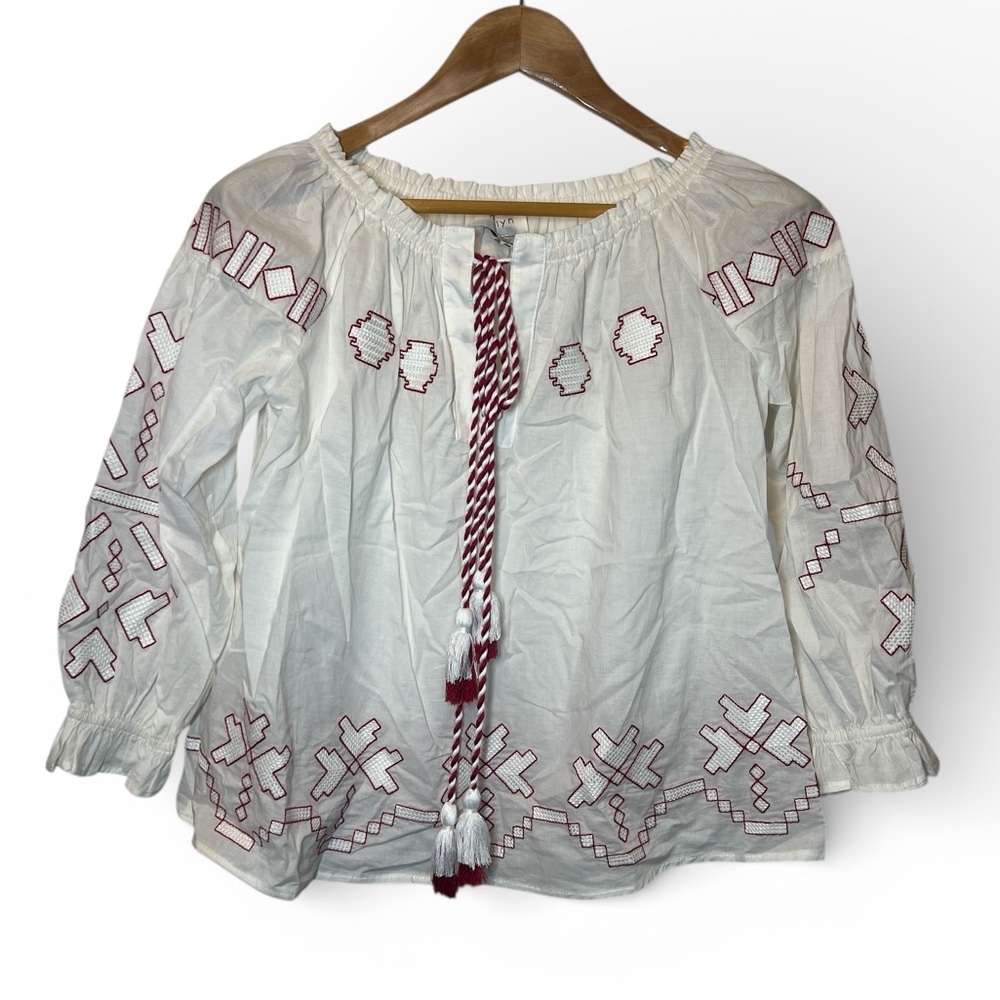 Harlyn Farina Boho‎ Off Shoulder Aztec Puff Sleeve Embroidery Festival Blouse S